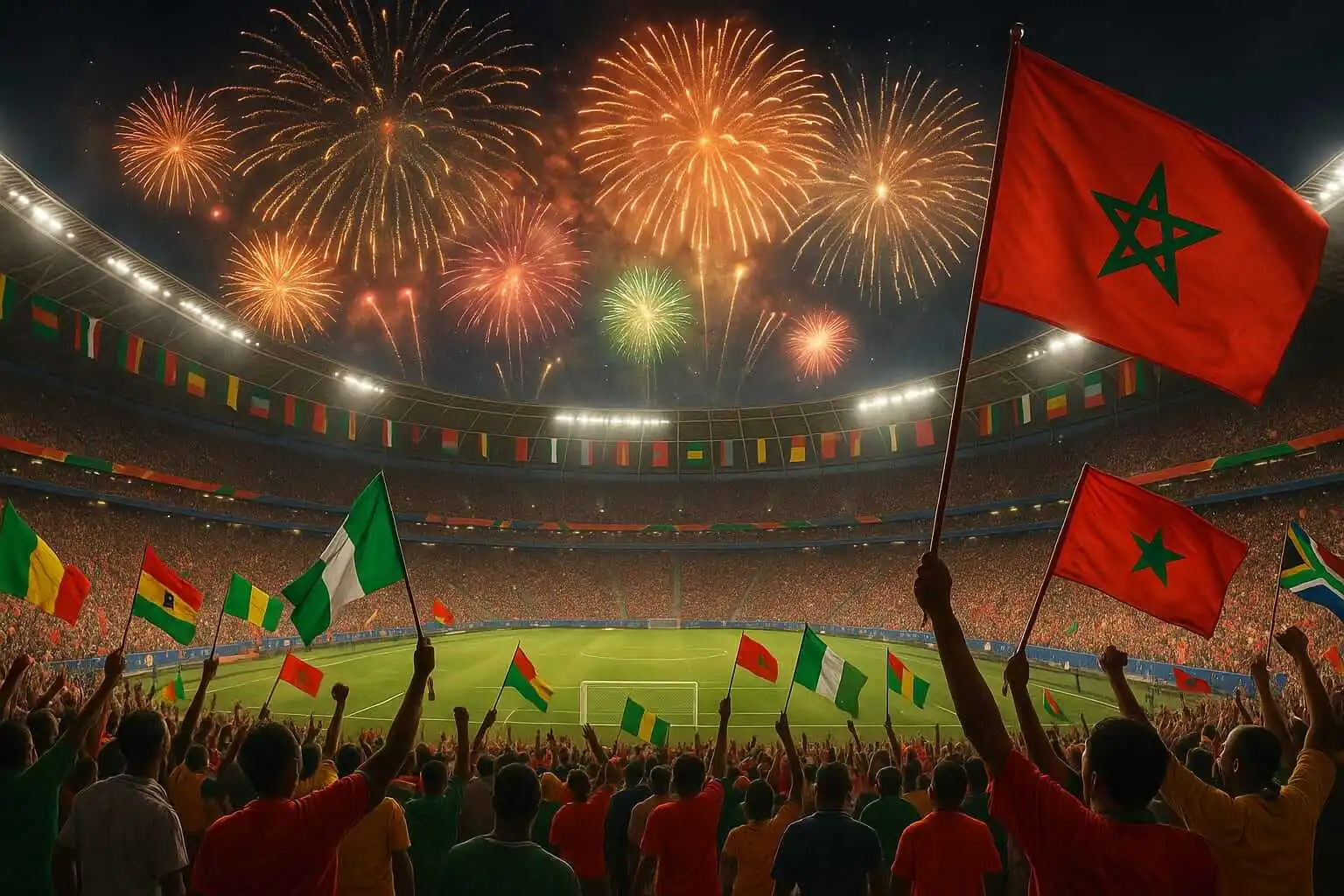 Africa Cup Morocco 2025 Celebration of the Africa Cup 2025 in Morocco with fireworks and cheering fans in a stadium.