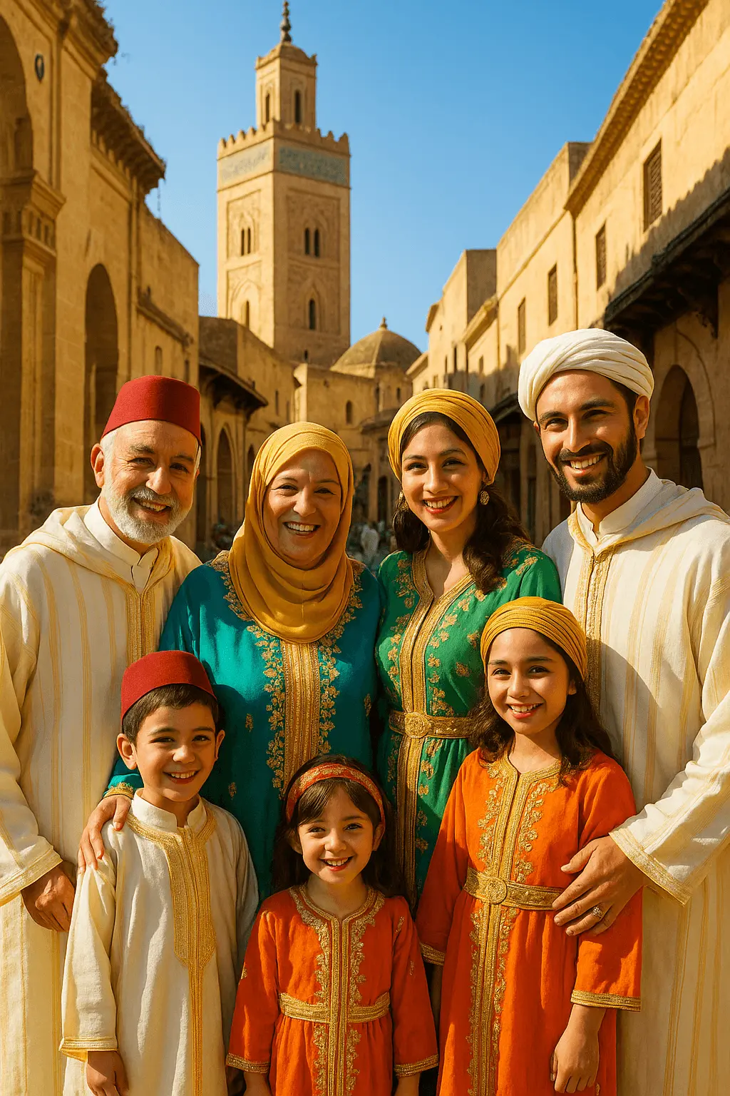 aidatdha Smiles and joy during Eid al-Adha, with families dressed in their traditional attire, sharing moments of happiness and celebration.